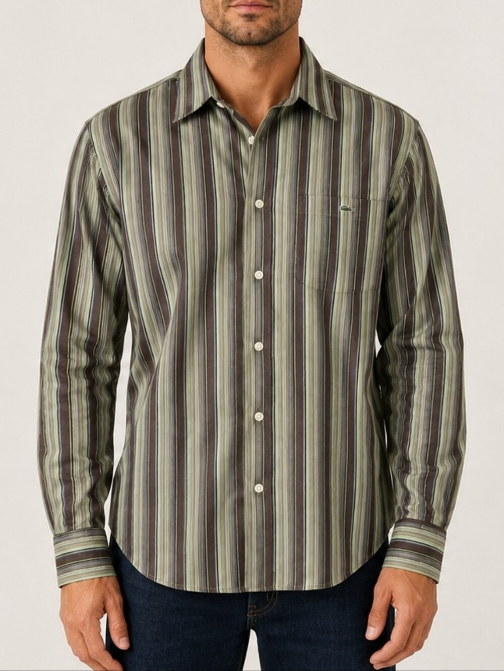 Vintage Lacoste Men's Striped Long Sleeve Button-Up Shirt 42 / XL Brown Green
